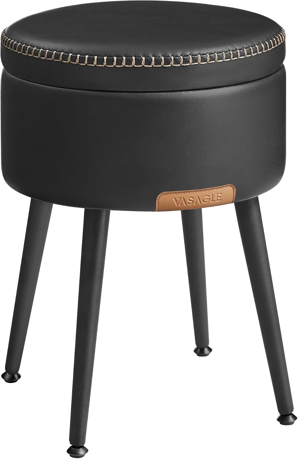VASAGLE EKHO Collection - Storage Ottoman, Vanity Chair Stool, Synthetic Leather with Stitching, Mid-Century Modern, Round Storage Seat with Steel Legs, Loads 330 lb, Ink Black ULOM005B01