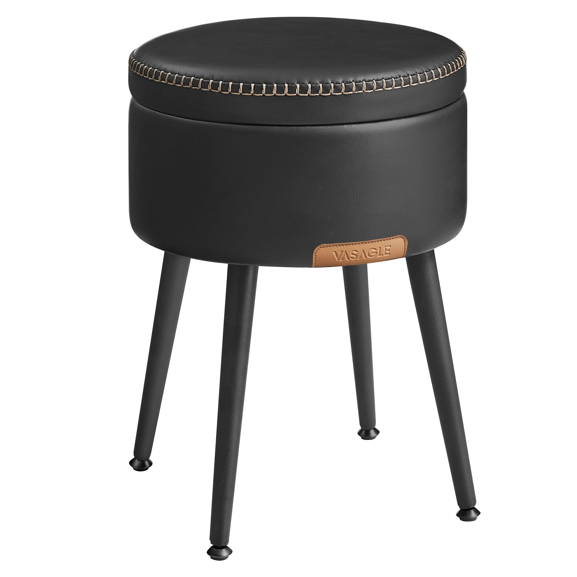 VASAGLE EKHO Collection - Storage Ottoman, Vanity Chair Stool, Synthetic Leather with Stitching, Mid-Century Modern, Round Storage Seat with Steel Legs, Loads 330 lb, Ink Black ULOM005B01