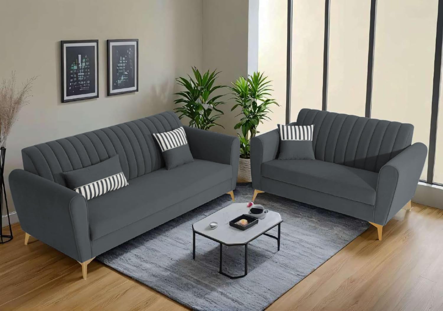 Adorn India Premium Luster 3-2 Sofa Set | Velvet Suede Fabric | 3-Year Warranty | Color Dark Grey with Golden Legs & Striped Pattern Cushion