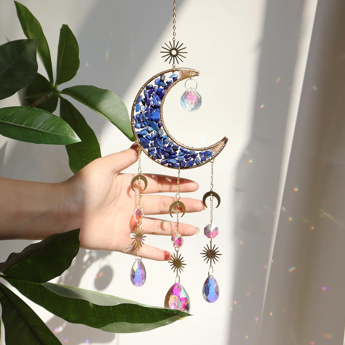 Moon Suncatcher Hanging Decor, Boho Chic Lapis Lazuli Crystal Sun Catcher, Spritual Sun Light Catcher for Windows, Blue Crescent Moon Housewarming Gift (Lapis Lazuli) - Image 2