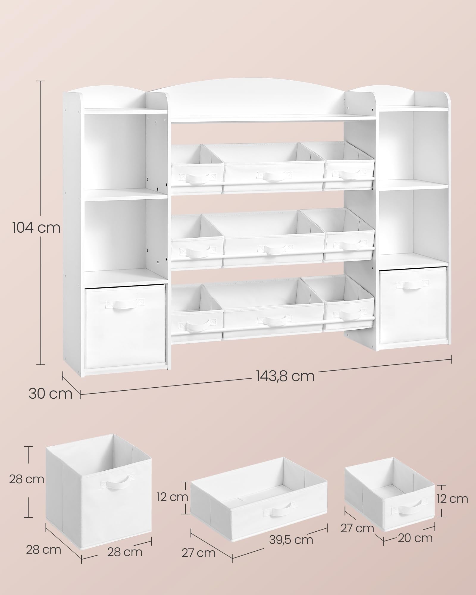 SONGMICS Kinderregal, Spielzeug Aufbewahrung, Spielzeugregal, Montessori Regal, 4 offene Fächer, 9 mittlere und 2 seitliche Boxen, für Kinderzimmer, 30 x 143,8 x 104 cm, wolkenweiß GKR062WB01