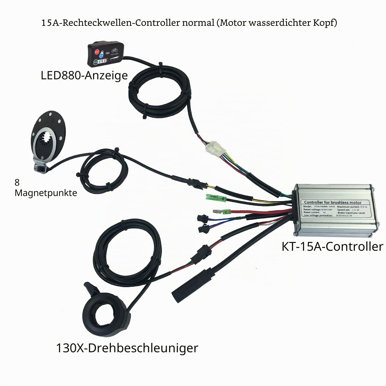 BuyWeek Elektrofahrrad Brushless Motor Controller Kit, 36V 48V 15A Rechteckwellen Controller LED880 Display Meter 130X Daumengas Kit für 250W Brushless Motor