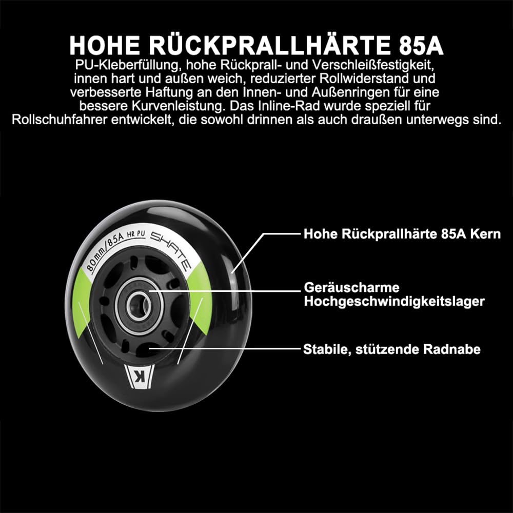 Inline Skate Rollen 80mm 76mm 72mm - 8 Stück Inline Skate Räder 85a inliner rollen mit kugellager ABEC9 | Inliner Skate Räder für K2 Hudora Gonex Apollo (A Schwarz, A 80MM)
