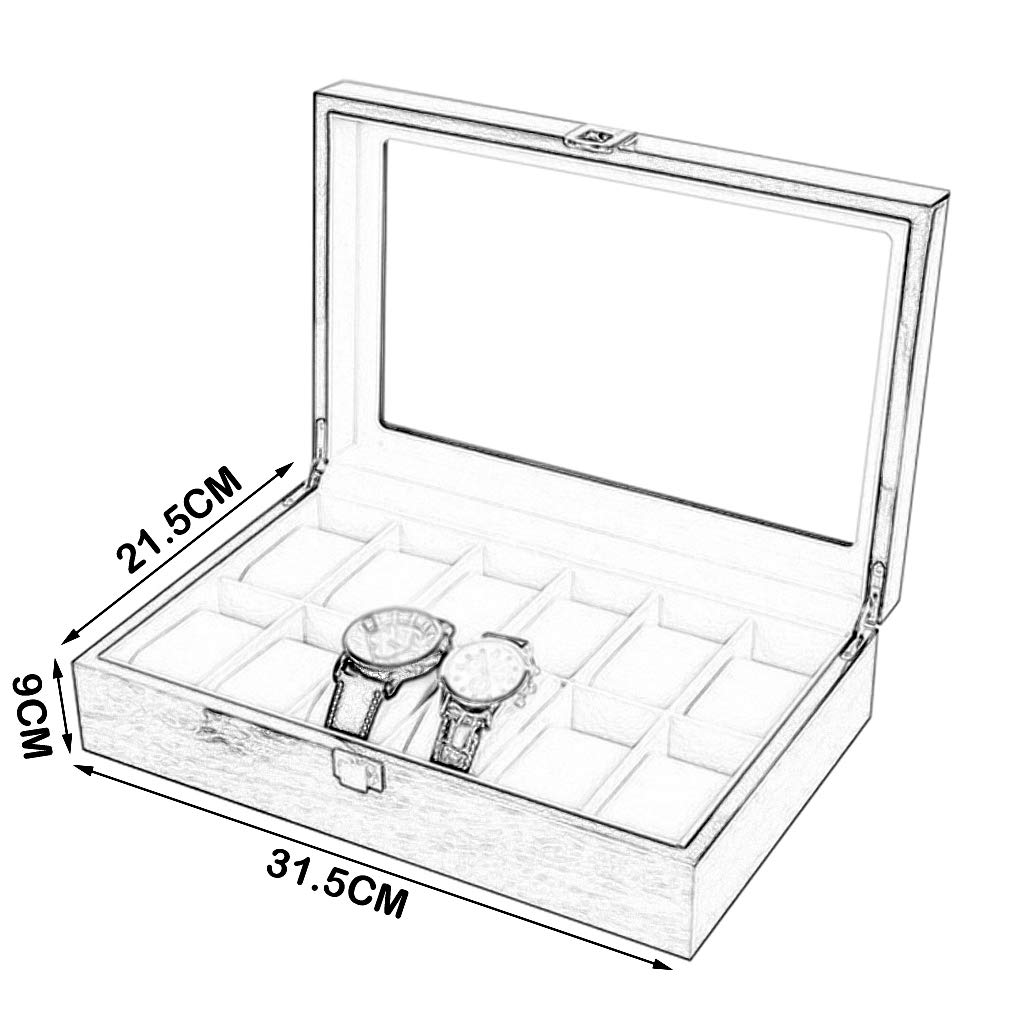 Caja de reloj de madera con 12 ranuras para reloj, caja de almacenamiento para exhibición de joyas con almohada de almacenamiento extraíble, organizador de vitrina, tapa de vidrio y hebilla de metal