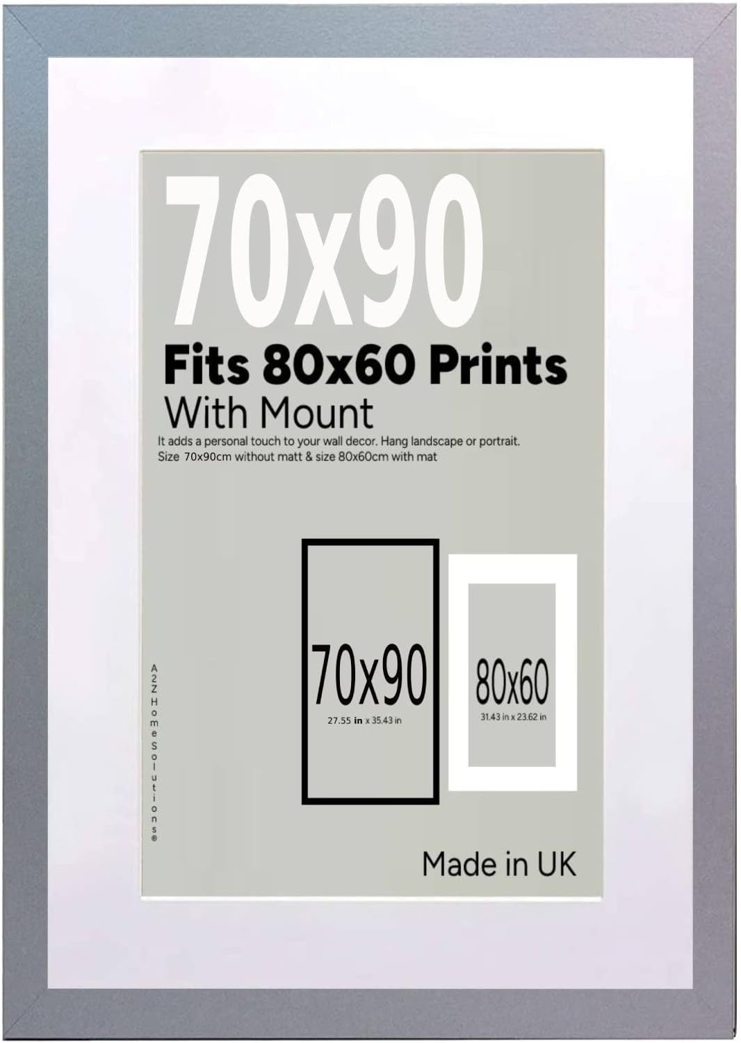 A2Z Home Solutions® Wall Photo Frame Silver 70x90 cm Frame With 80x60 cm Mount Picture Poster Print With Clear HD Perspex 30x15 MM Moulding Mounting Hooks MDF Backboard