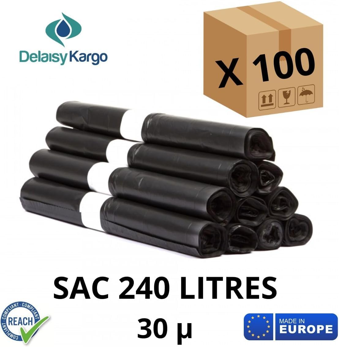 Bolsa de Basura 240L - Ultra Resistente - 30 micras | Antisuciedad y Antiolor | Ideal para Contenedores de 2 Ruedas | Certted REACH y FSC