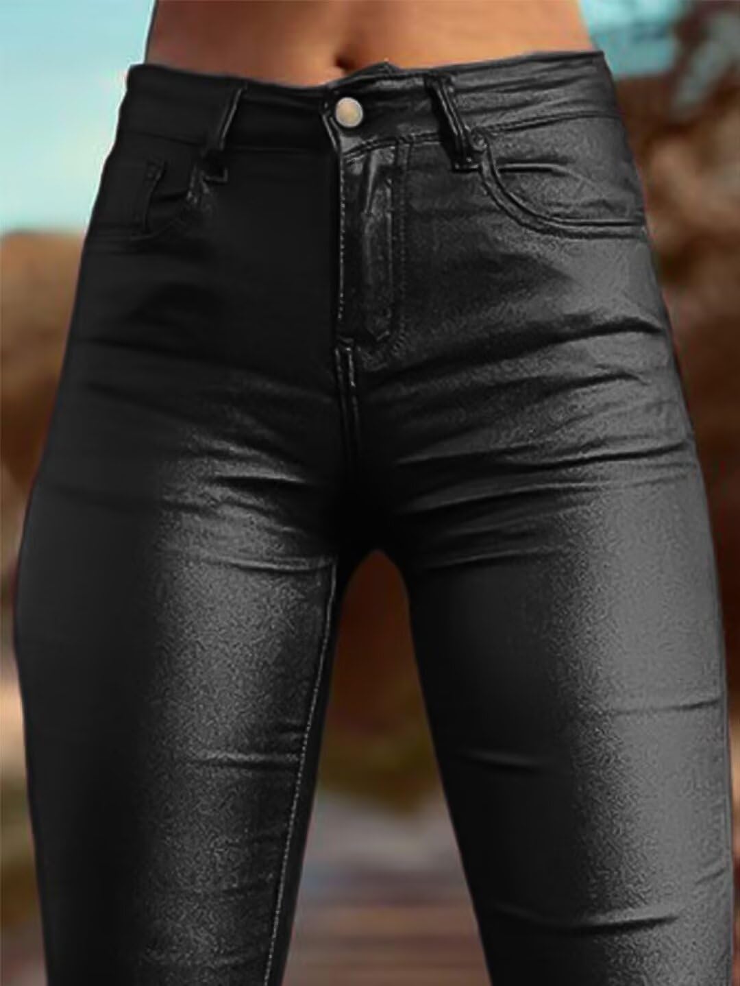 Flamingals Bootcut PU Leather High Waist Flare Legs Vintage Pocket Pants Winter Trendy Black L - Image 3