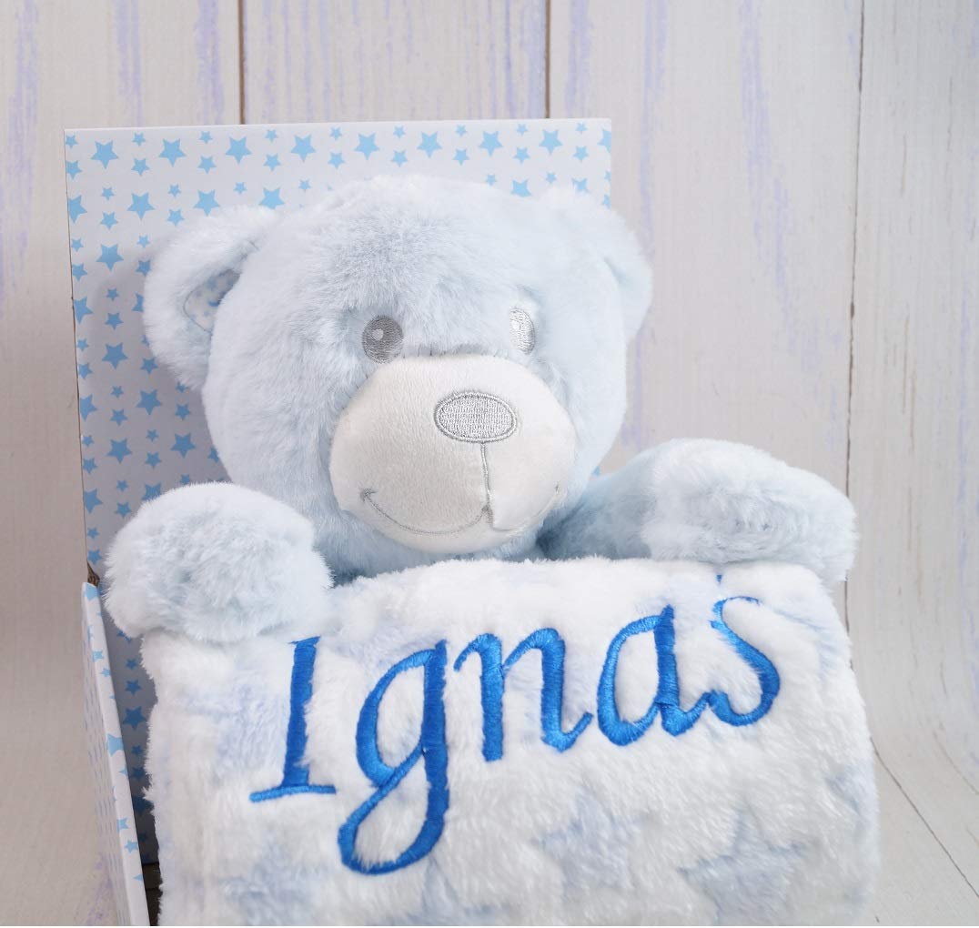 BotoBaby Maxi Geschenk-Set Babydecke mit Namen und Datum Bestickt + Plüschtier + Schmusetuch 3-Teiliges Set