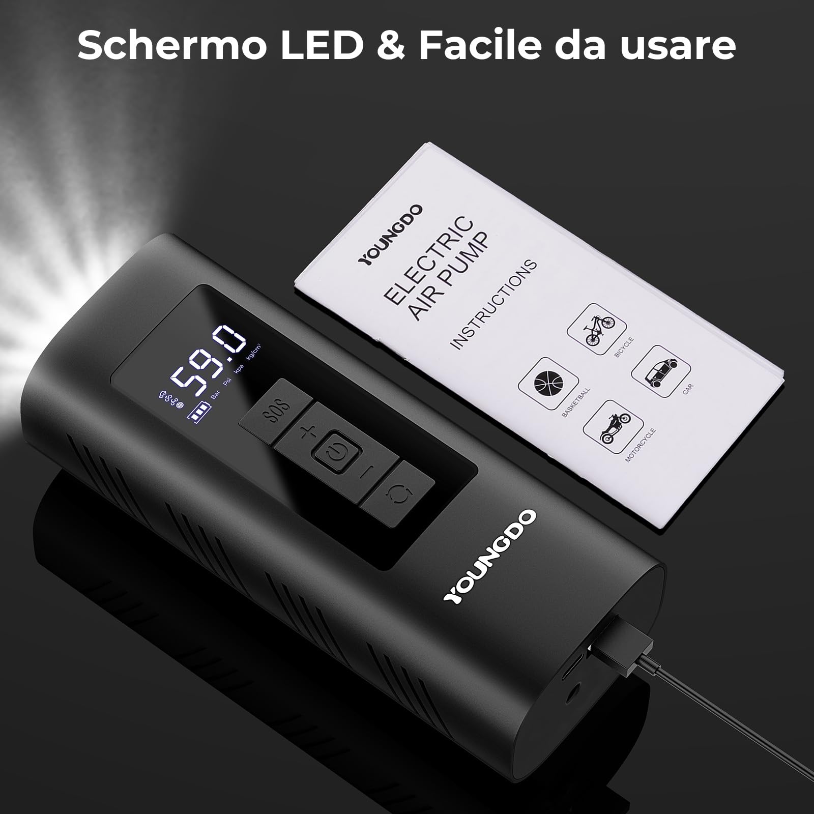YOUNGDO Pompa per Bicicletta 150PSI, Mini Compressore Aria Portatile 6000mAh, Pompa Elettrica per Bicicletta, Pompa ad Aria per Bicicletta con Lampada LED, per Bici, Moto, Palle