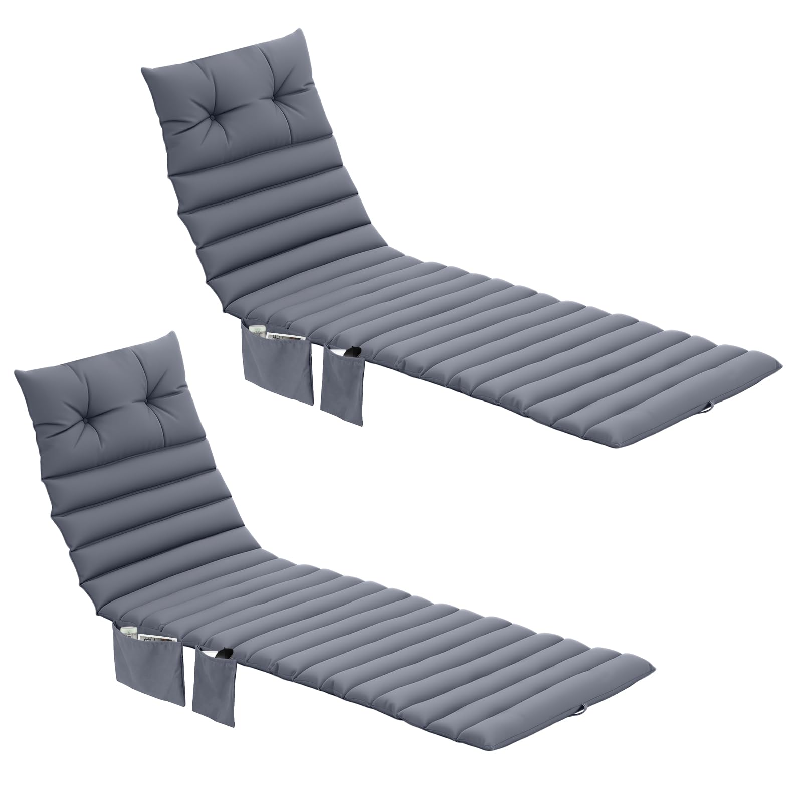 Photo 1 of ***ONE CUSHION DAMAGED -SELLING AS IS *** Kigley Outdoor Lounge Chair Cushions Set of 2, 72.8 x 24 x 2.3 Inch Patio Chaise Lounge Cushion with 3 Side Pockets Non-Slip Buckles, Fade and Water-Resistant Poolside Recliner Pads(Grey)