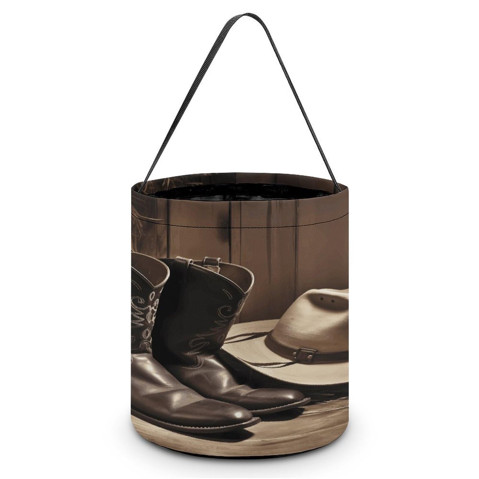 Eluzzizut Cowboy Black Hat Western Boots Halloween Trick Or Treat Bag Halloween Tote Bag Reusable Candy Bucket For Party Favors Goodie Bag