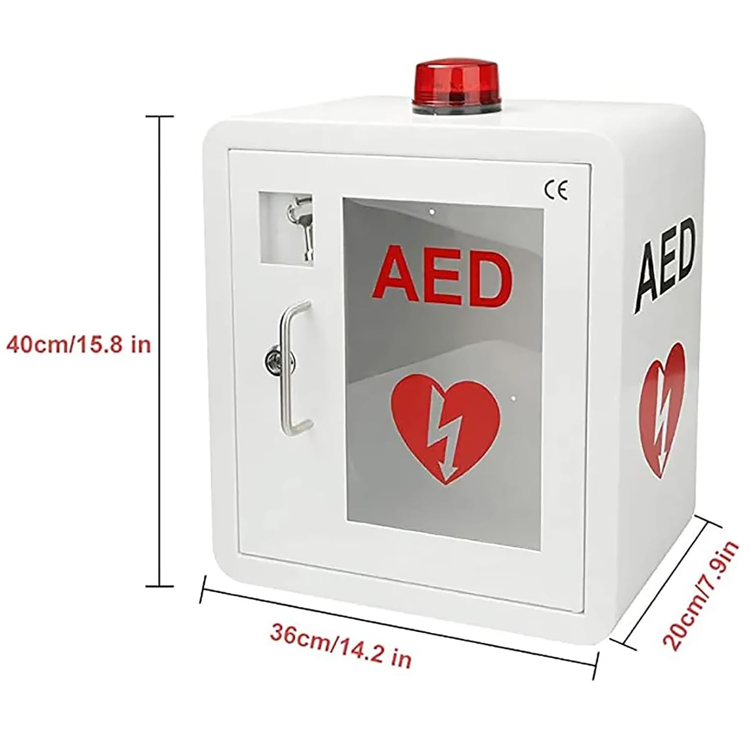 AED-Schrank, Wandmontierter Aufbewahrungsschrank für Erste-Hilfe-AED-Defibrillatoren mit Schlüssel und Alarm, Design mit abgerundeten Ecken, für Zuhause, Krankenhaus