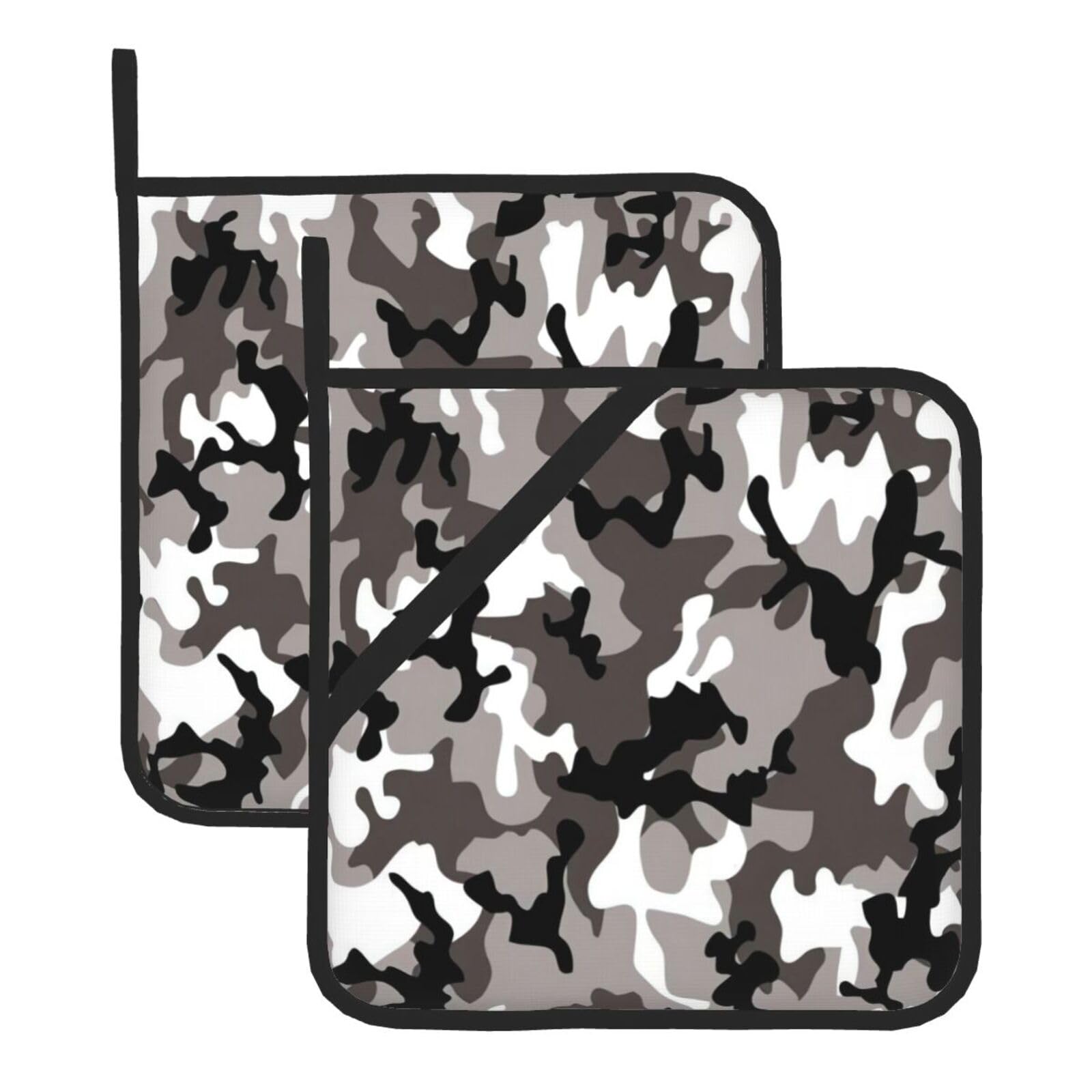 YYHWHJDE Black Grey White Camo Prints Square Hot Pads for Kitchen Counter - Waterproof Pot Holders with Hanging Loop, Durable Trivets for Microwave Oven - 2 Pack