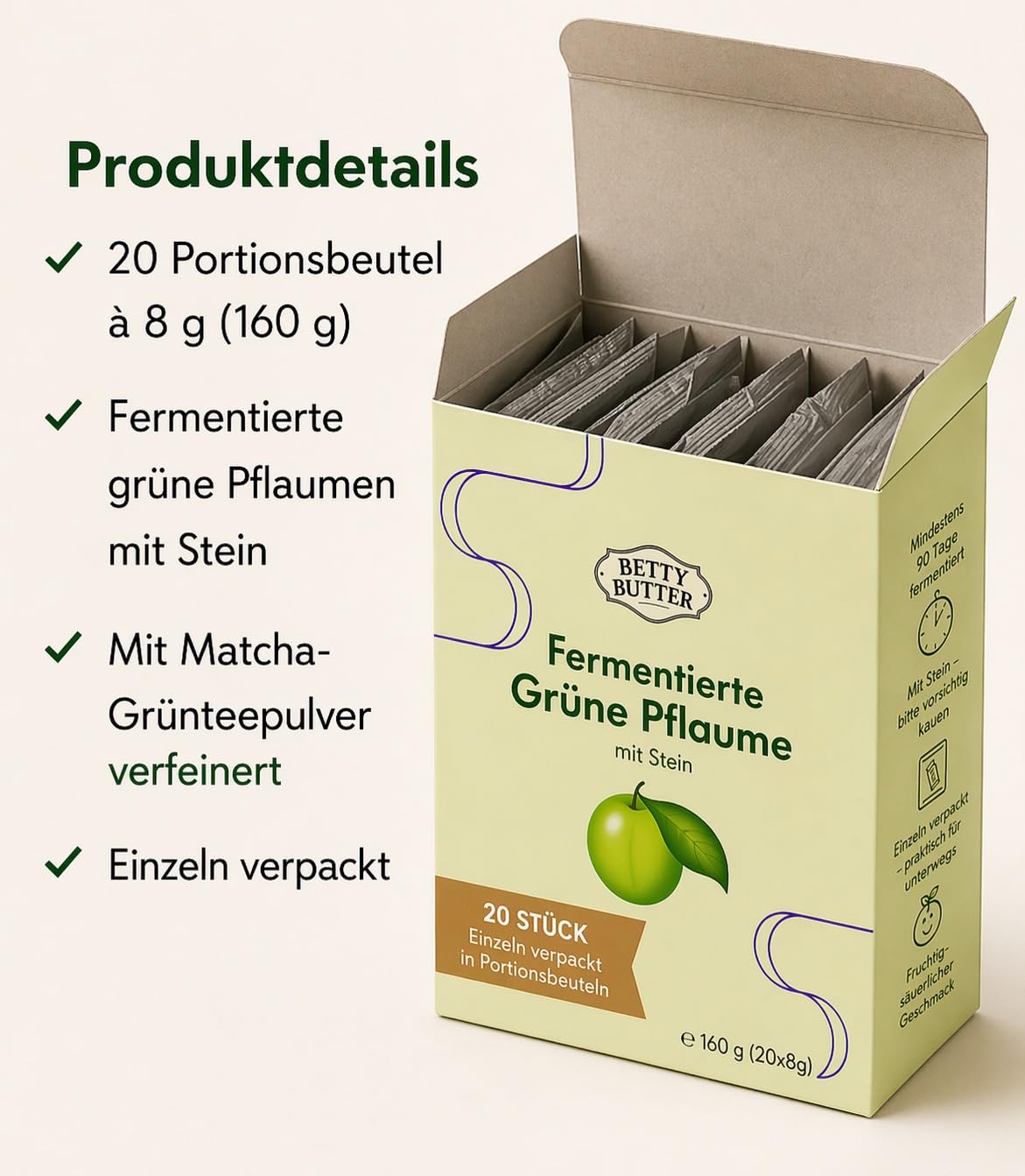 Fermentierte grüne Pflaume mit Stein, 20 Portionsbeutel à 8 g (160 g), fruchtig-säuerlicher Snack mit Matcha-Grünteepulver