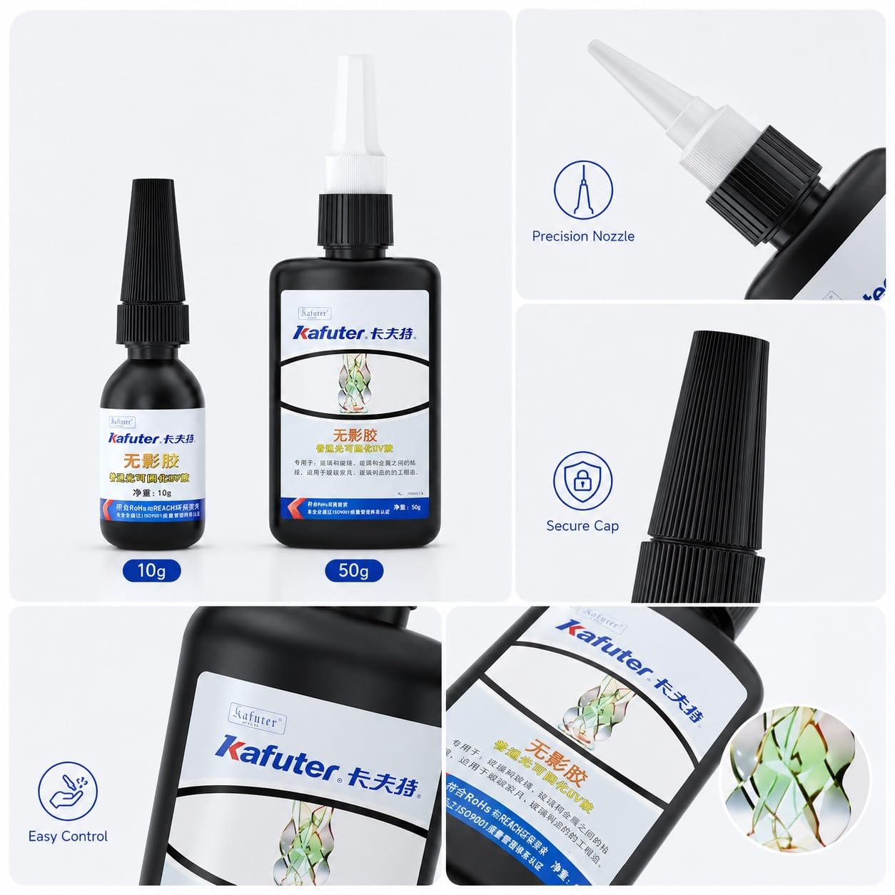 VIDOO Kafuter Adhesivo Profesional Curado UV para Unión Adornos Vidrio, Fijador Impermeable para Unión Vidrio y Piedra, Mástica Estructural Invisible Montaje Mesas Centro Vidrio, 250g