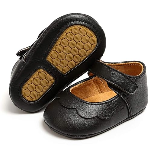 SOFMUO Baby Girls Mary Jane Flats Non-Slip Soft Rubber Sole Infant Sneakers Toddler Princess Dress Walking Shoes(Black,6-12 Months)