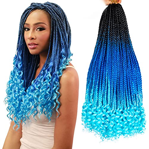 Gottin Hair Box Braids Crochet Hair With Curly Ends Pre Looped Ombre Braid Crochet Hair For Black Women Princess Style Synthetic Hair Extensions 6 Packs Colorful Crochet Box Braids (24 inch, 1B/Sapphire Blue/Sky Blue)