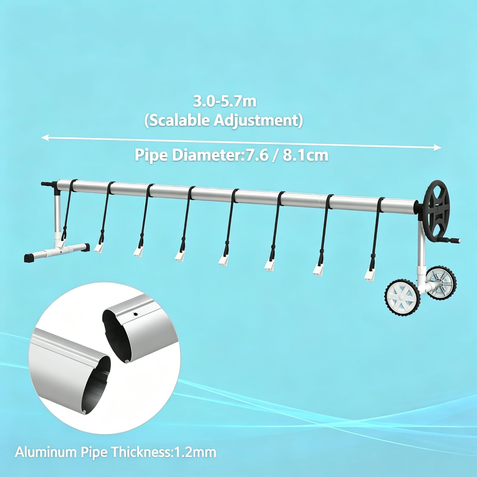 Enrouleur de Bâche 3 m - 5,7 m Réglable, Système d'enroulage en Aluminium avec manivelle et Roues, Télescopique Enrouleur de Piscine pour Solaire Mobile