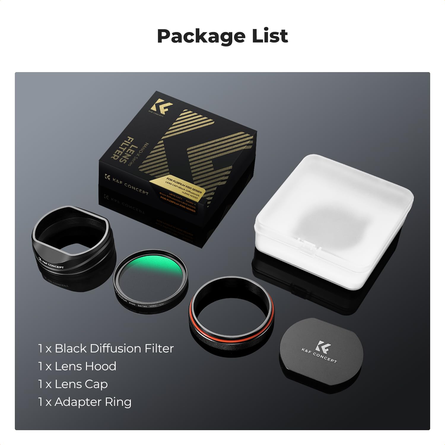 K&F CONCEPT Nano-Xcel Filtro Black-Mist 1/4 + Paraluce + Tappo Comaptibile con FujiFlim X100 Series, Filtro Black Diffusione 1/4 Compatibile con Fujifilm X100 X100S X100F X100T X100V X100VI(Nero)