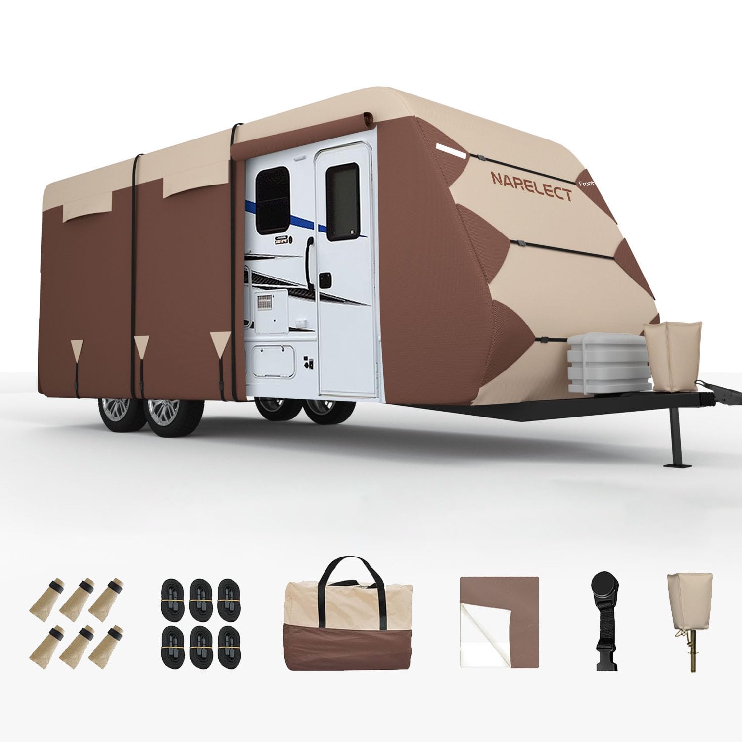 RV Cover Travel Trailer Cover: 16'-18' Camper Covers 7 Layers Top Windproof Waterproof Rip-Stop with Tongue Jack Cover, Gutter Cover, Extra Windproof Ropes, Brown