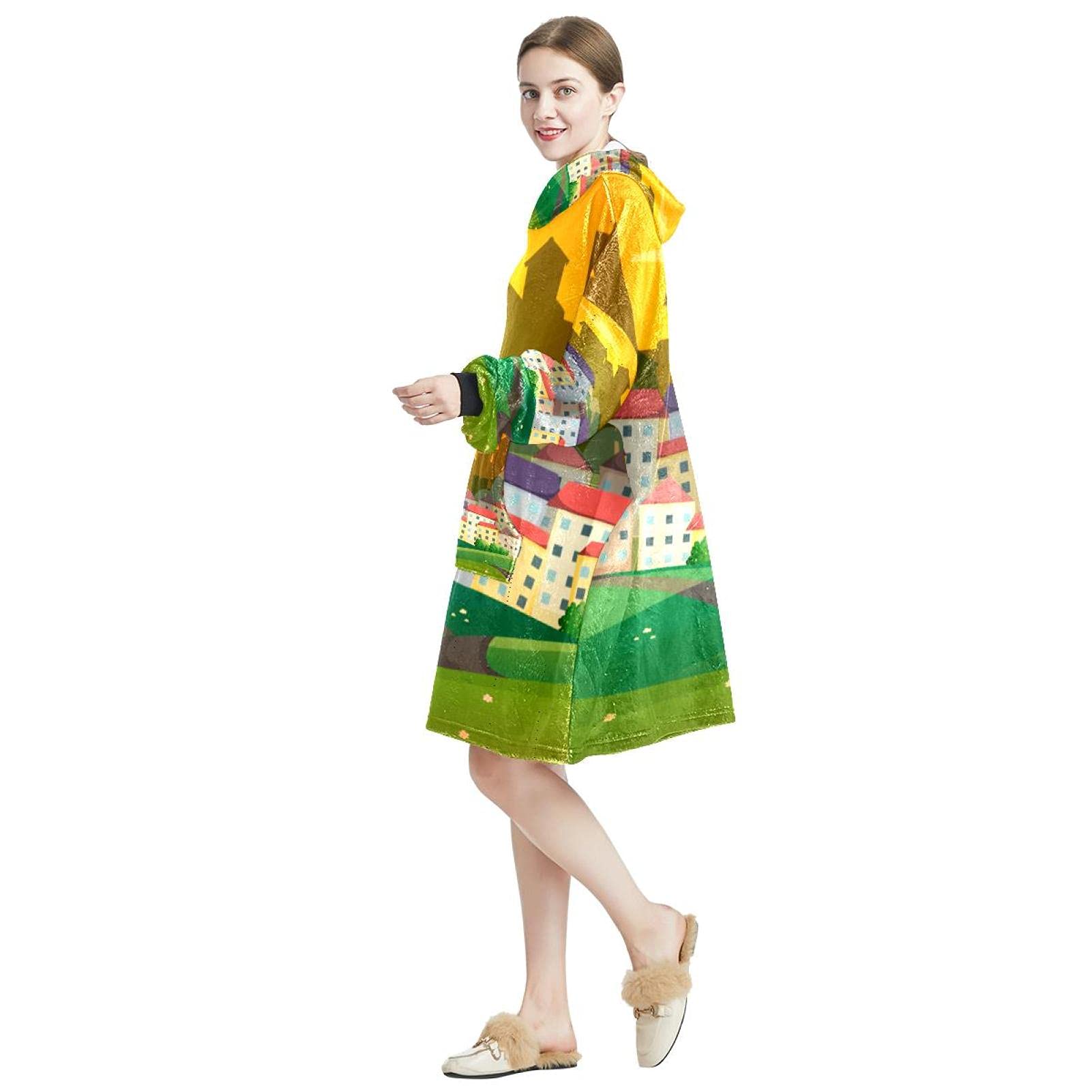 Felpa oversize con cappuccio, in flanella Sherpa, con tasca per adulti, uomini e donne, scena con molte case