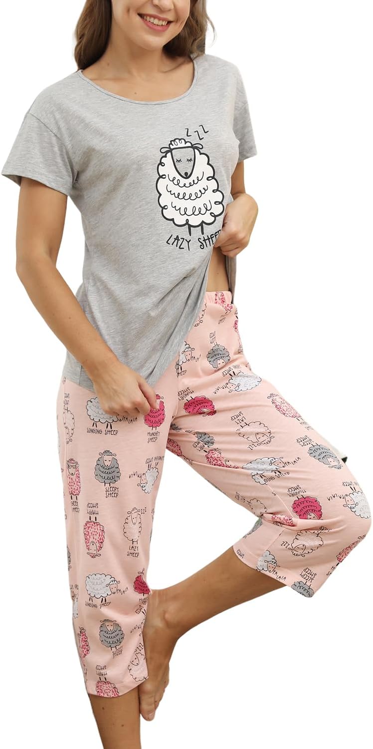 Inadays Womens Cotton Pajama Sets Short Sleeve Top With Capri Pants 2 piece sets for Women Summer Pajamas Lounge Set - Image 3