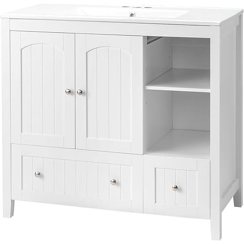 VINGLI 36" Modern Bathroom Vanity with Ceramic Sink, White Bathroom Vanity Cabinet w/2 Stripe Doors & 2 Drawers, Bathroom Sink Cabinet Combo, Floor Storage Cupboard w/Open Shelf for Bathroom
