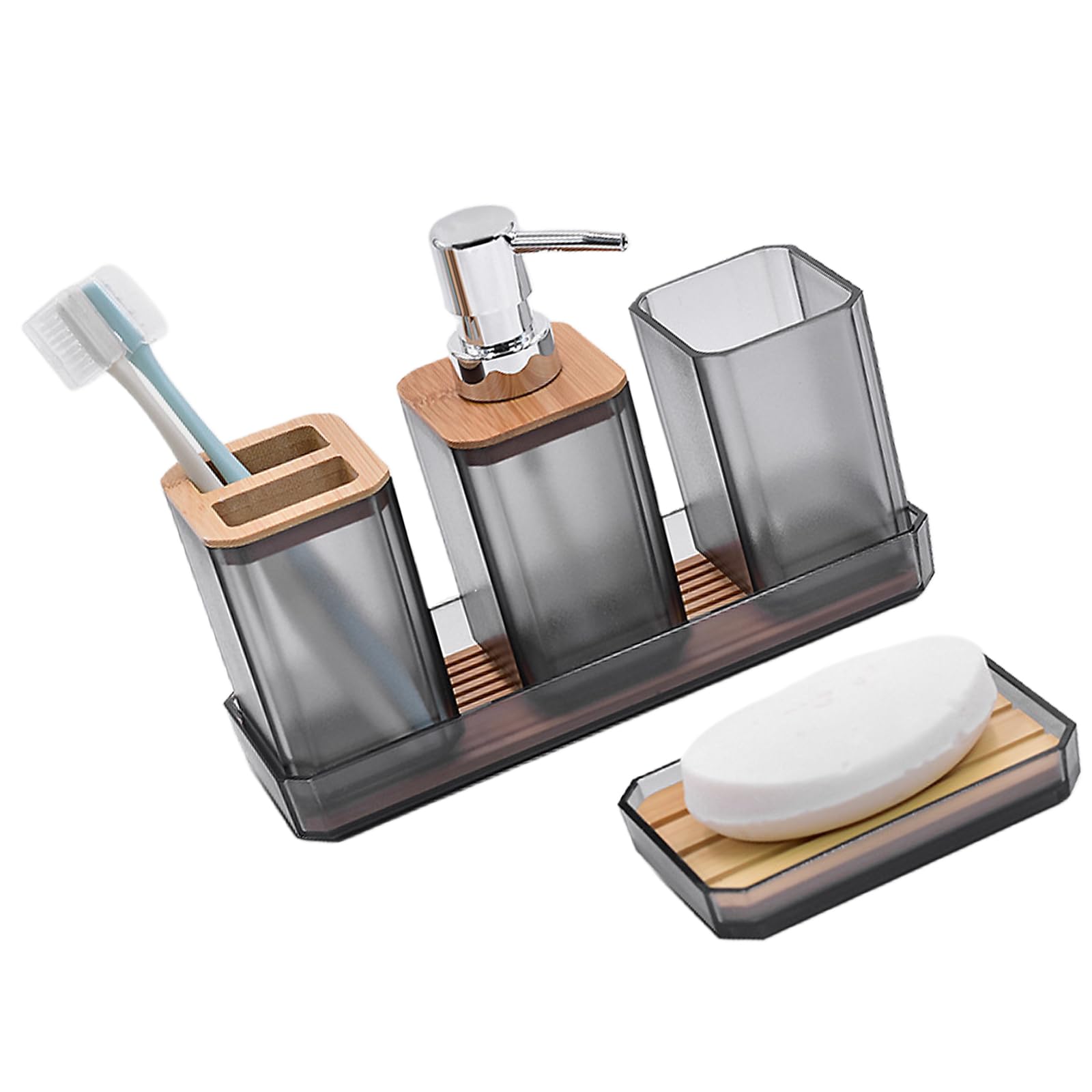 Avejjbaey 5 Piece Set Transparent Set Of 5 Bathroom Storage Accessories With Soap Dispenser Tooth Brush Holder Tumbler Vanity Tray And Organizer Bathroom Countertop Organizer