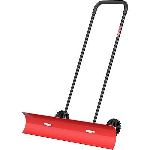 38 Inch Snow Shovel for Driveway, Brewin SnowPro Bi-Direction Heavy Duty Snow Pusher with Wheels and Angled Blade for Efficient Snow Removal, Back Saver Snow Plow for Doorway Sidewalk