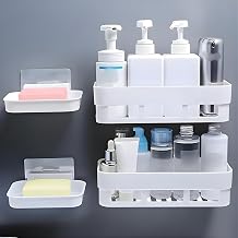 Celvee Multipurpose Self-Adhesive Wall Mount Storage Shelf | Bathroom Organizer & Kitchen Rack | No Drilling Space-Saving Rack for Toiletries and Spices (2 Shelf + 2 Soap Holder + 6 Stickers)