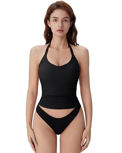 SUUKSESS Halter Tank Top for Women with Built in Bra Cotton Ribbed V Neck Cami - Black - Large