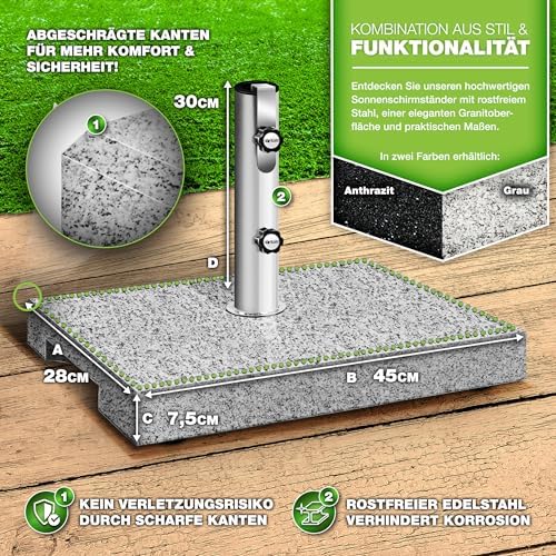 tillvex® Granit Sonnenschirmständer 25 kg mit Transportgriff | Stabiler Balkonständer für Schirmstöcke 16-48 mm & 250 cm