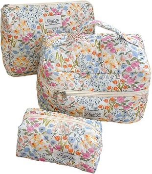 Floral Makeup Bag, Large Cotton Quilted Makeup Bag Set, Cute Coquette Aesthetic Toiletry Bag Make Up Cosmetic Bag for Women, Toiletry Travel Make Up Organizer Bag Floral,3 Pack