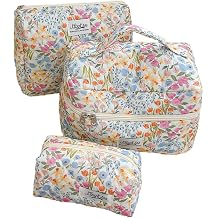 Floral Makeup Bag, Large Cotton Quilted Makeup Bag Set, Cute Coquette Aesthetic Toiletry Bag Make Up Cosmetic Bag for Women, Toiletry Travel Make Up Organizer Bag Floral,S