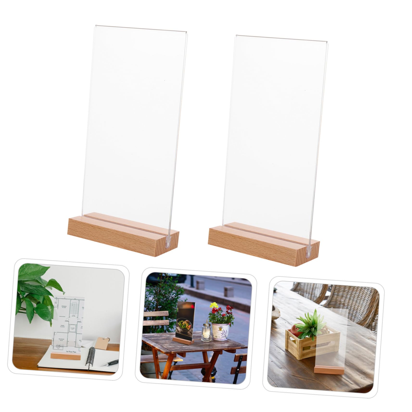DOITOOL 5 piezas Soporte Acrílico Transparente con Base de Madera para Menú Expositor de Mesa Doble Cara Forma T Pack de Unidades para Restaurantes Bodas y Oficinas