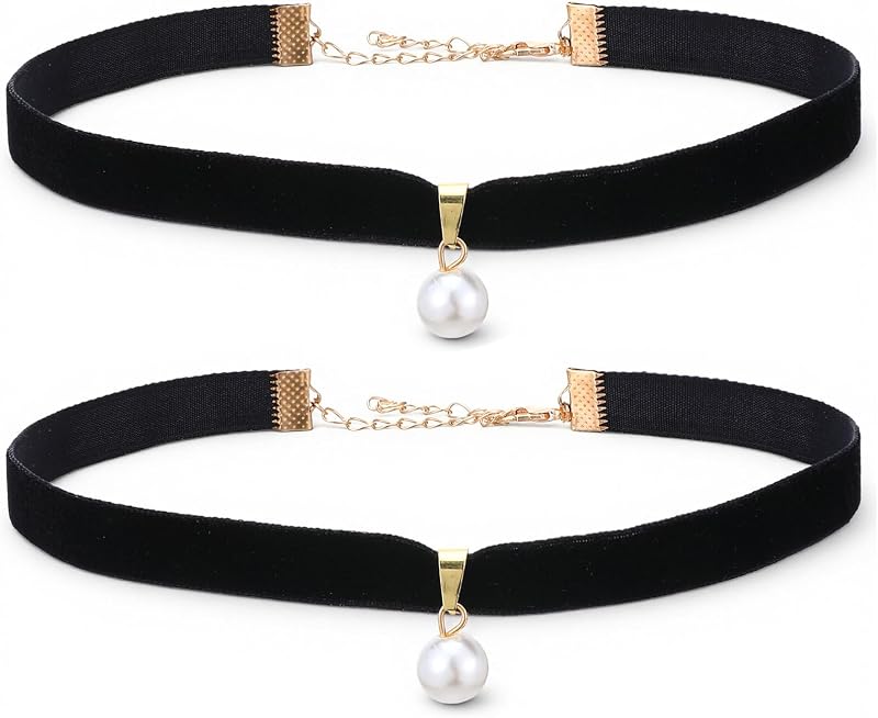 Black Velvet Pearl Choker Necklace 90s Vintage Necklace Adjustable Short Collar for Women Classic Pendant Suede Black Velvet Collar for Valentines Day Halloween Cosplay Party Jewelry Neck Accessories