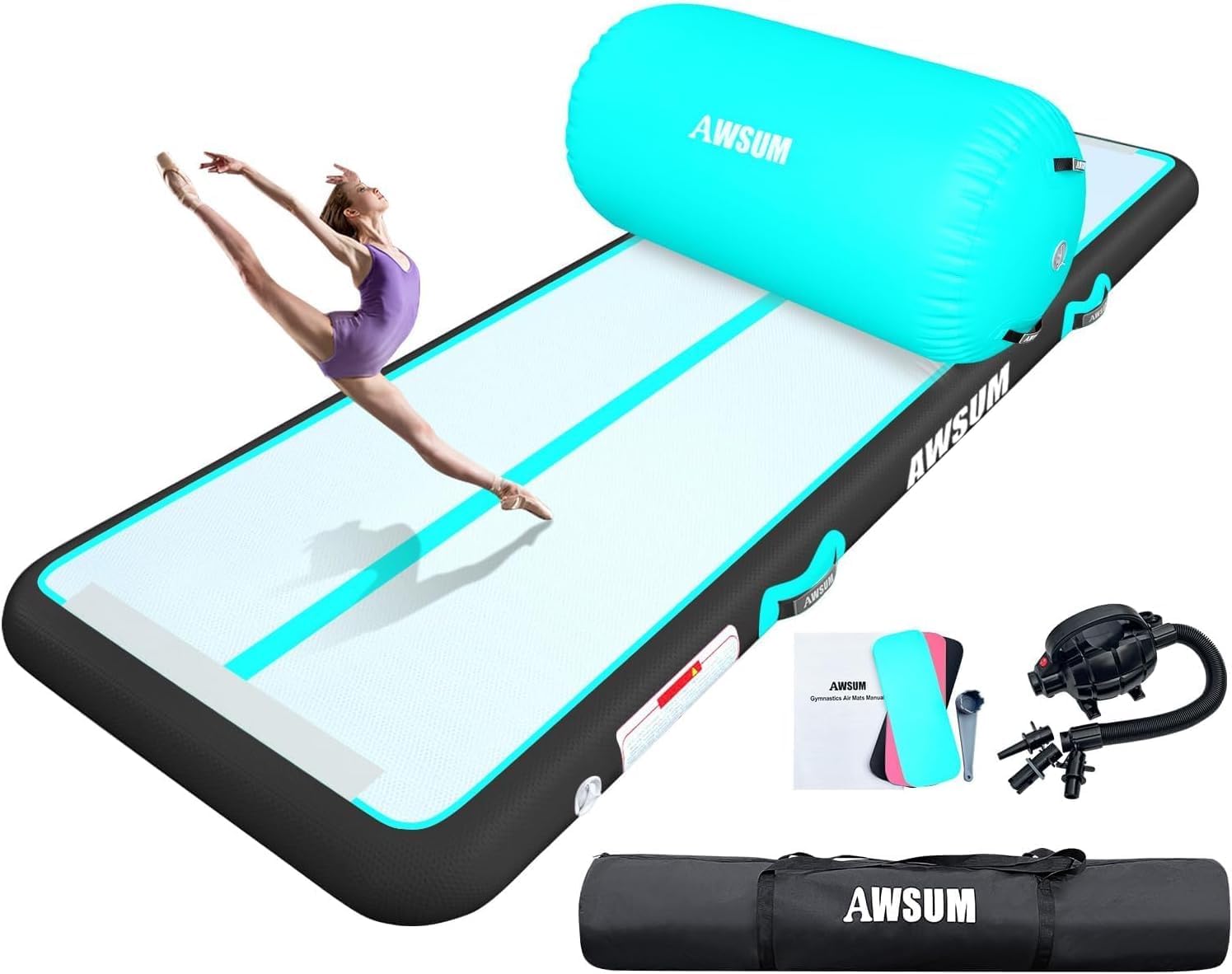 AWSUM 6.6ft Tumble Mat with Mint Green Air Barrel Tumbling Mat Inflatable Air Gymnastics Mat for Home/Gym, with Electric Pump