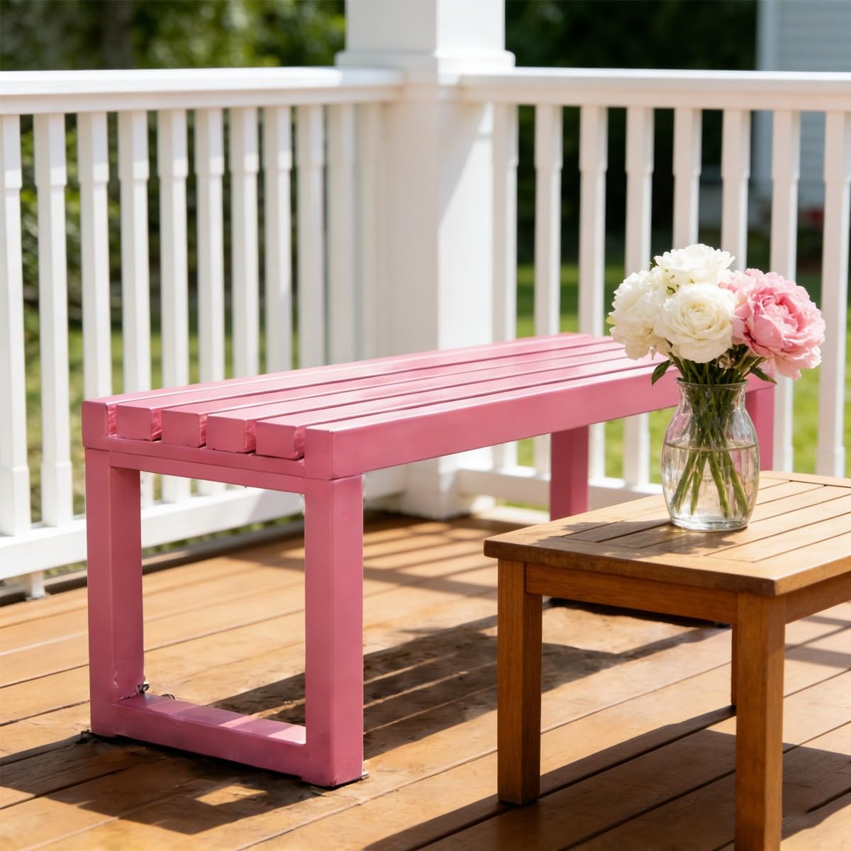 Gartenbank Ohne Lehne Wetterfest Terrassenbank 2-Sitzer Parkbank Aus Metall, Outdoor Ruhe Sitzfläche, Bank Mit Lattenrost für Terrasse, Garten, Veranda Und Balkon(Rot,100cm)