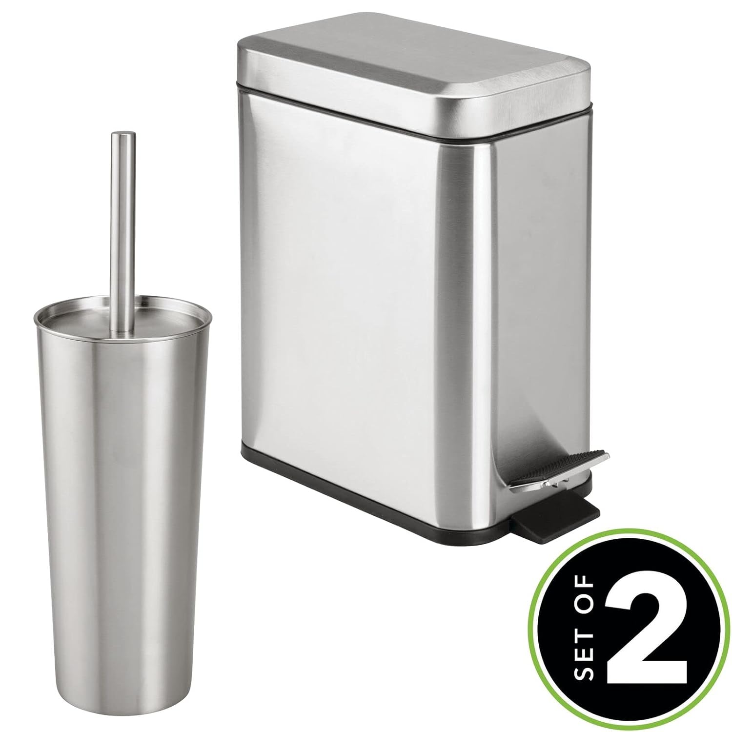 mDesign Metal Freestanding Slim Toilet Bowl Brush and Holder + Rectangle Narrow 5 Liter / 1.3 Gallon Step Pedal Trash Can Wastebasket for Bathroom - Small, Compact Design - Set of 2 - Brushed/Chrome