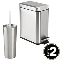 Vista 2 de mDesign Cepillo y soporte para inodoro de metal independiente delgado + papelera con pedal de 5 litros / 1.3 galones, diseño estrecho rectangular