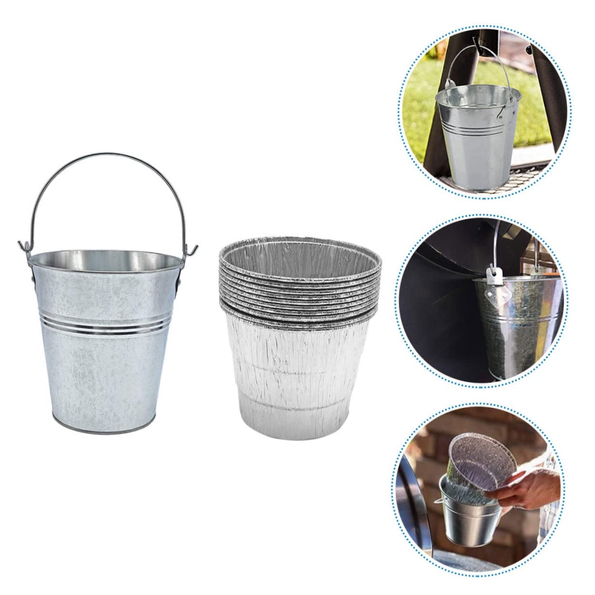 Secchio Grasso Barbecue in Ferro Argento con 10 Rivestimenti
