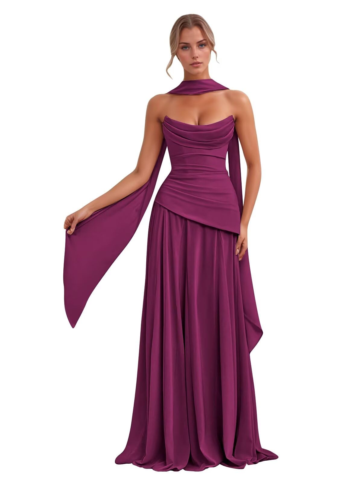 Strapless Bridesmaid Dresses Long for Women 2025 Chiffon A Line Pleated Formal Evening Prom Gowns with Scarf