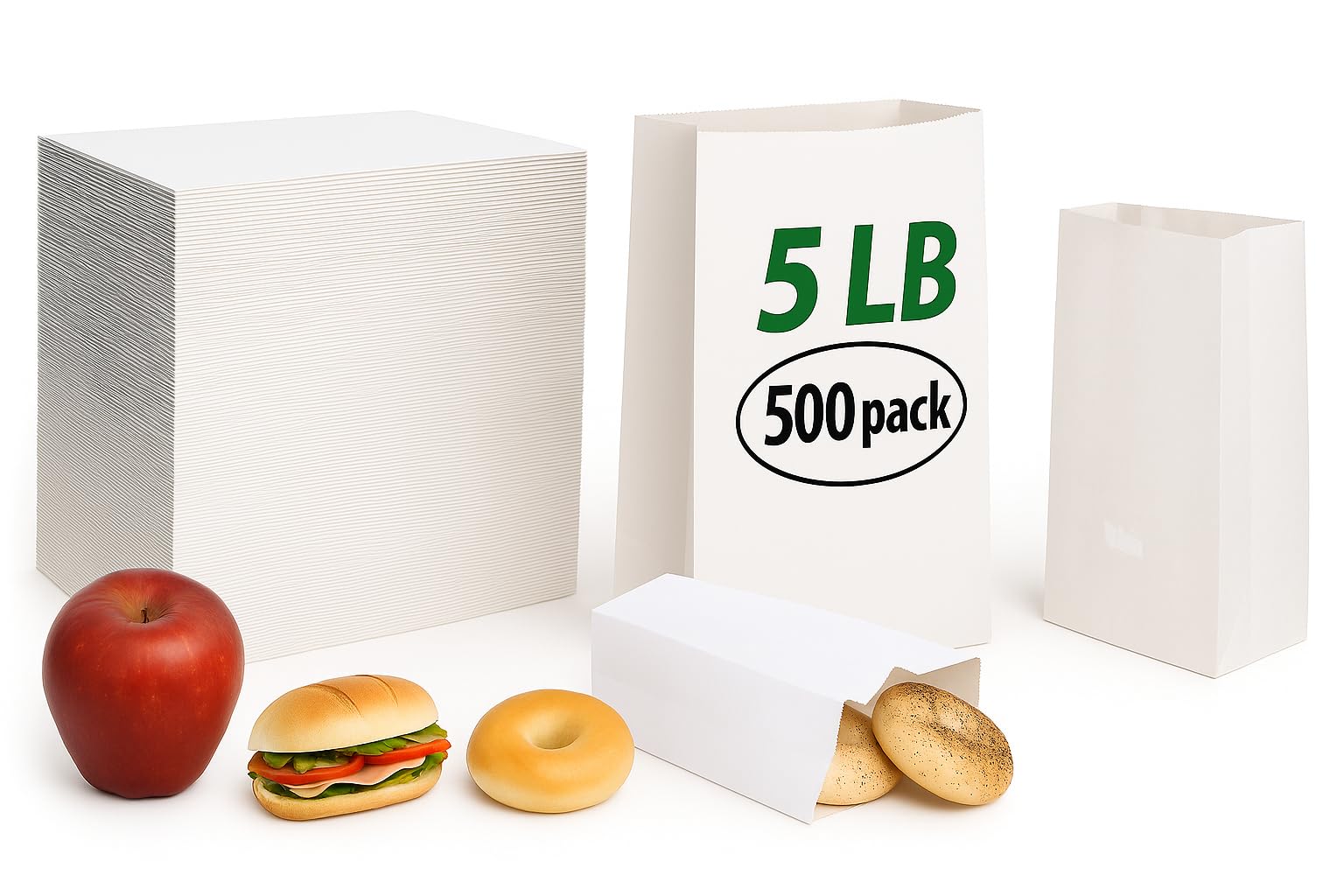pizety 5 lb White Paper Bags – 500 Pack Kraft Lunch Bags, Recyclable & Food-Safe, Perfect for Sandwiches, Snacks, Crafts, Grocery, Parties, Coloring &