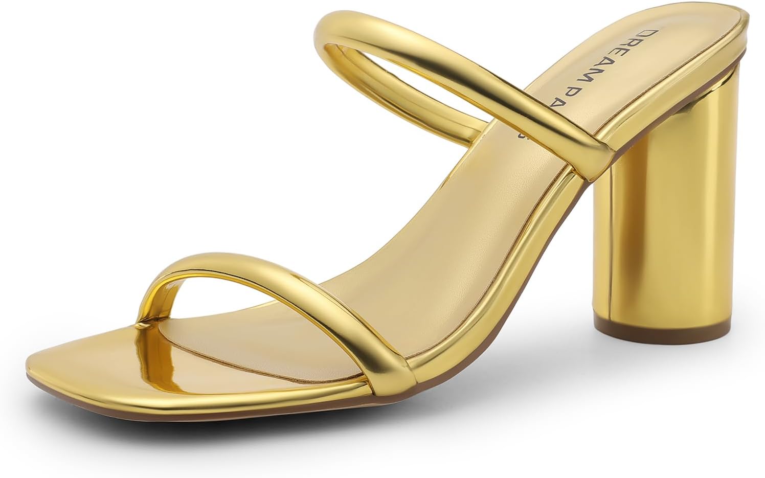 Women's Square Open Toe Block Heels Two Strap Slip On High Heeled Slides Sandals