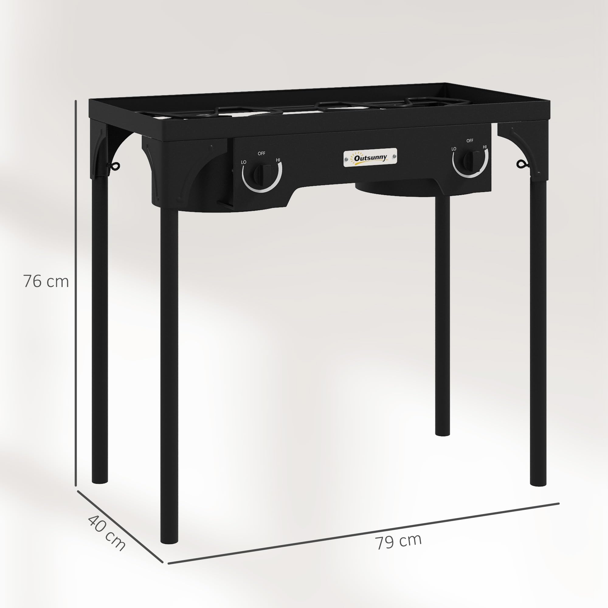Outsunny Fornello a Gas con 2 Bruciatori 9.2 KW, Fornello da Campeggio in Metallo con Gambe Rimovibili, Nero