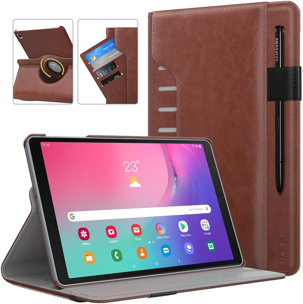 MoKo Case Fit Samsung Galaxy Tab A 10.1 2019, 360 Degree Rotating Stand Ultra Slim PU Leather Cover with Document Card Slots for Galaxy Tab A 10.1 inch SM-T510/SM-T515 2019 Tablet - Brown