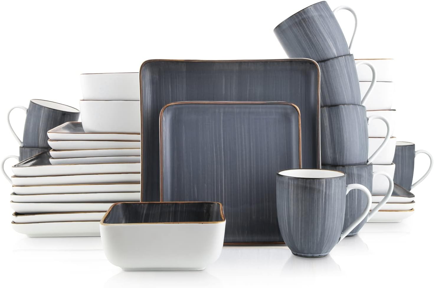 Stone Lain Esmeralda Porcelain Dinnerware Set, Service for 8, 32 Pieces Square Grey Brushed Design