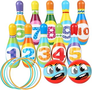 Bowling Set Kids, 2 In 1 Skittles Game for Kids Indoor Outdoor Activities, Kids Bowling Sets with 10 Bowling Pins, 2 Balls and 5 Rings, Kids Skittles Bowling Set Garden Toys for Kids Boy Girls Gifts
