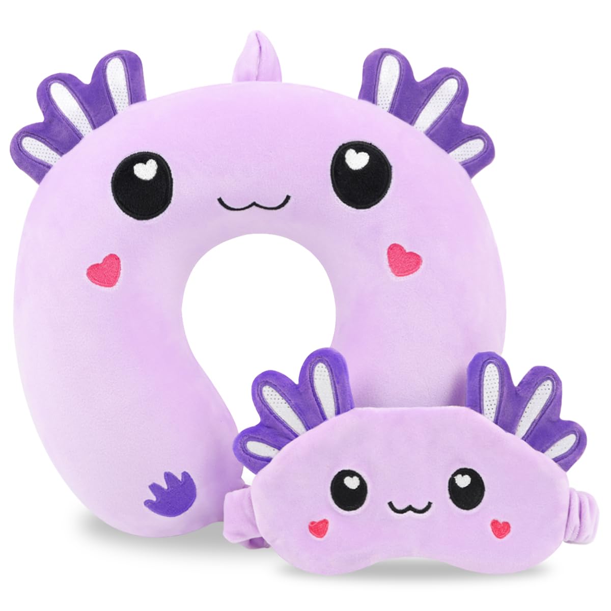 Travel Pillow, Kids Travel Pillow with Sleep Eye Mask Soft Memory Foam Kids Neck Pillow for Boys &amp; Girls, Travel Accessories for Car Airplane Traveling - Purple Axolotl