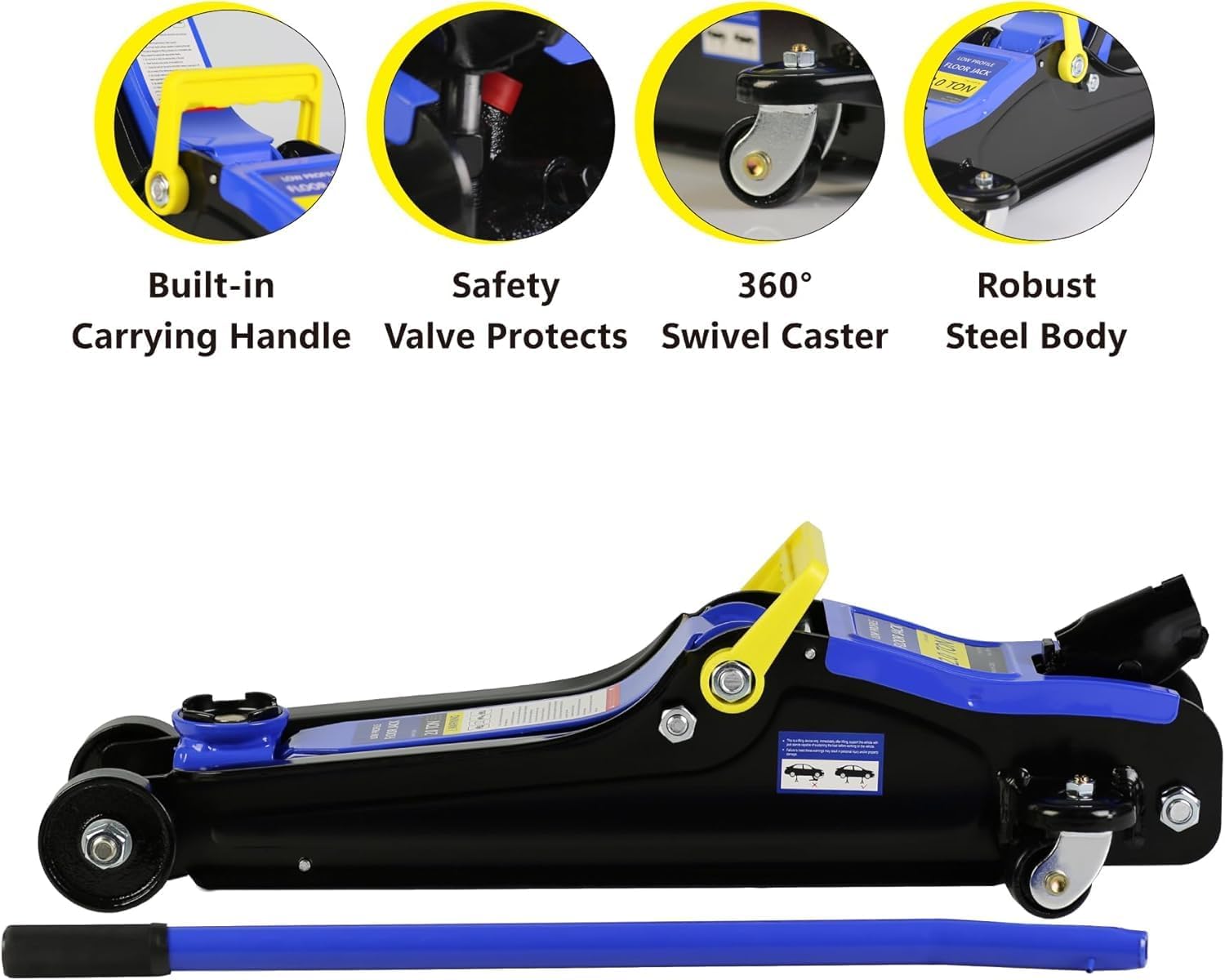 2 Ton Low Profile Floor Jack, Heavy Duty With Single Piston Quick Lift Pump, Steel Car Jack Adjustable Height 3.3"-15.2", Hydraulic Trolley 4000 LBS Capacity, Blue